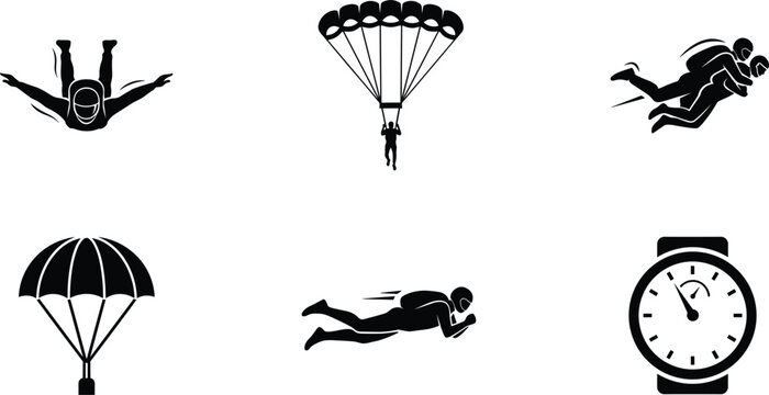 Skydiving and extreme sport silhouettes vector set with skydiver paraglider tandem jump parachute free fall gliding and altimeter watch isolated black icons