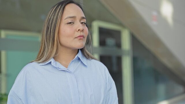 Young woman smiling with teeth, wearing a blue striped shirt and necklace at building entrance; approachable happiness.