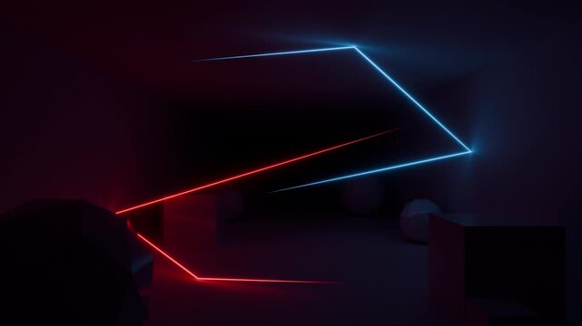 Abstract seamless looped animation of neon light line running loop triangle, lasers and lines bouncing around and moving forward within a dark tunnel. 4K footage video loop. Empty space. 3d animation