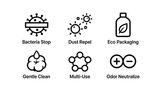 The icons of antibacterial, dustproof, and environmentally friendly packaging represent mild odor removal and multi effect cleaning, suitable for promoting household cleaning products.

