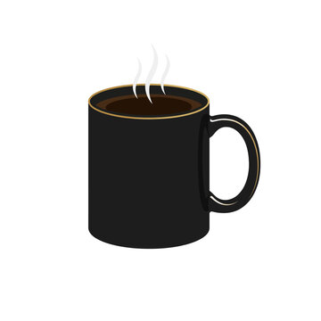 Illustration of a black ceramic coffee mug with gold rim and rising steam on white background.