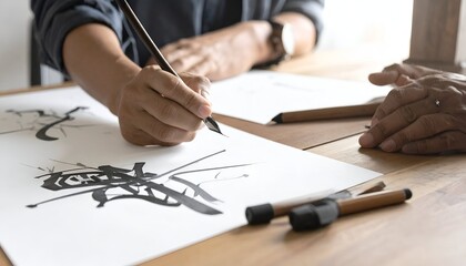 Naklejka premium Artist creating abstract calligraphy with brush on paper.