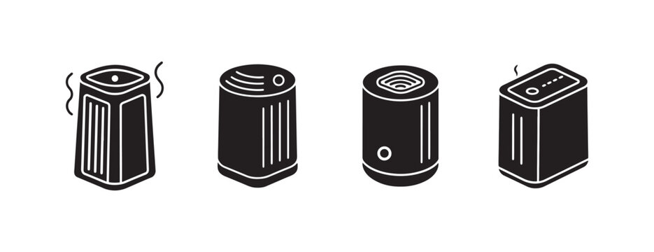  air purifier designs in black and white with various features and steam  isolated on white background