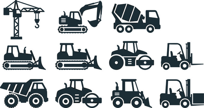 Black Silhouette Heavy Construction Vehicle Vector Set with Crane, Excavator, Bulldozer, and Forklift Machine Icons