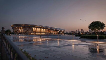 Obraz premium Modern Theater Building with Glass Facade and Waterfront Promenade at Dusk