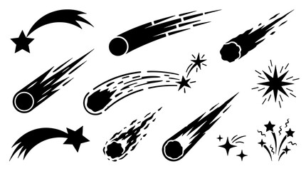 Black shooting stars and comet icon set on white background © icon_art