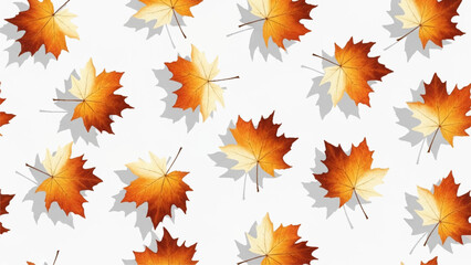 Fototapeta premium Seamless pattern of fallen maple leaves with soft grey shadows on a white background, autumnal foliage