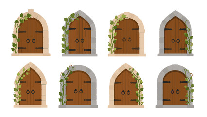 Set of arched wooden doors with stone frames and climbing vines © icon_art