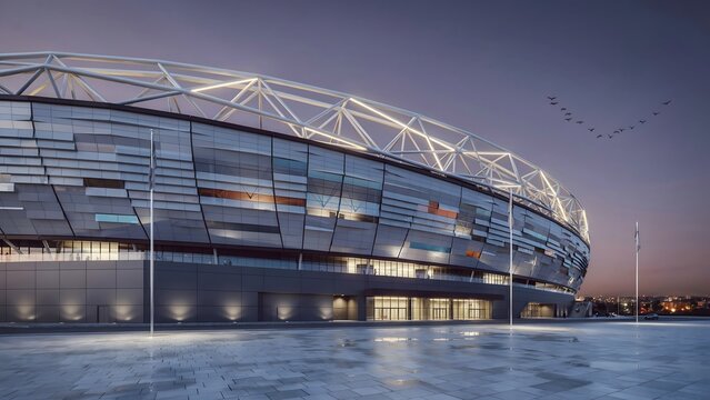 Modern Sports Stadium Exterior View at Twilight with Stadium Lights