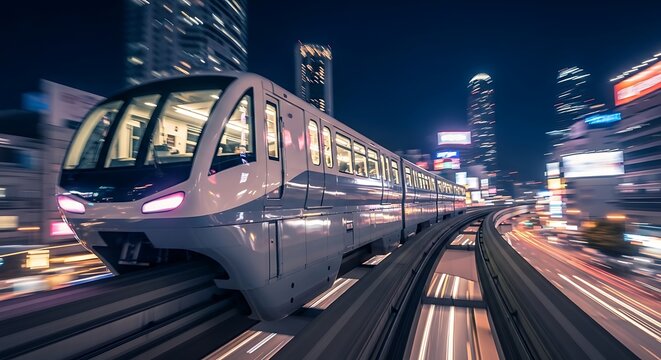 Modern monorail train speeding through illuminated cityscape at night