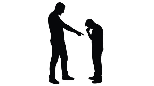 Silhouette vector illustration depicting an aggressive man pointing his finger at a sad boy who is standing alone feeling ashamed while isolated against a clean stark white background for design