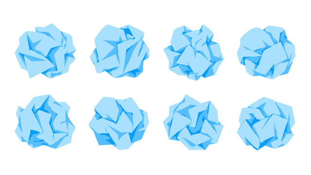 Set of blue crumpled paper balls isolated on white background