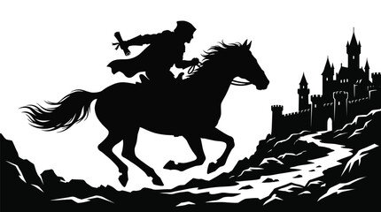 Black and white vector illustration of a medieval royal messenger riding a galloping horse towards a grand stone castle holding a scroll while traveling across the rugged landscape at dawn. © Umair Ch