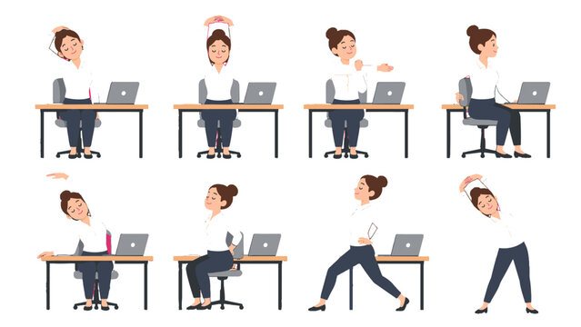 Businesswoman doing stretching exercises at office desk set