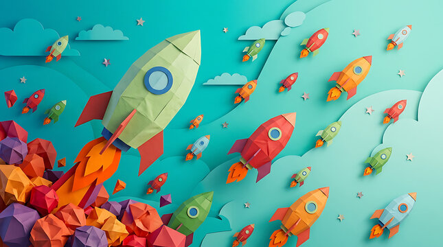 Colorful rockets launching into the sky with clouds and stars around them in a vibrant scene