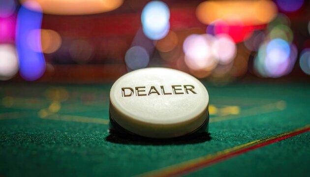 Close up of a worn blackjack dealer button with embossed text on a green casino felt table, blurred background lights