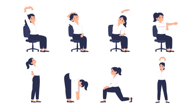 Woman demonstrating office stretching and exercise poses set
