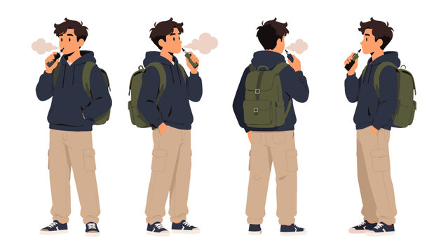 Young man vaping with backpack shown in multiple character views