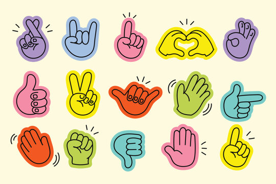Mega set of hand drawn vector illustration in hand drawn doodle style, colorful mascot character hands showing positive gestures, cartoon sticker pack with thumbs up, peace sign and more