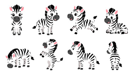 Obraz premium Cute cartoon zebra character set in different poses