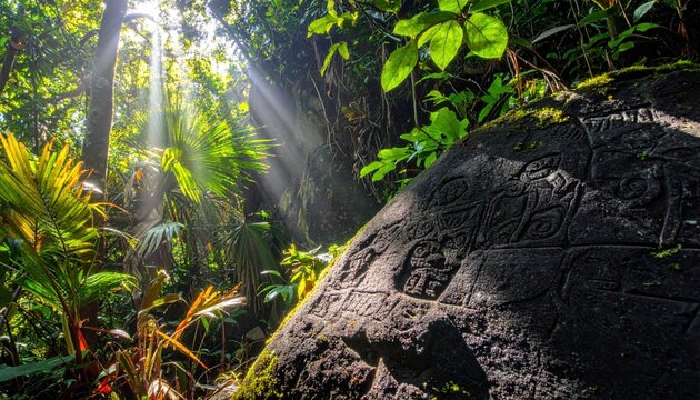 Detailed view of ancient Mayan glyphs carved into weathered volcanic rock in a sun-dappled jungle environment