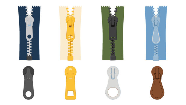 Set of colorful zipper fasteners and pull tabs isolated