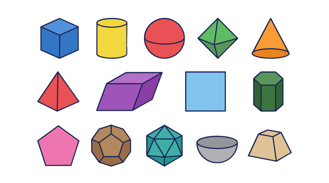 Colorful geometric solids and polygon shapes vector set