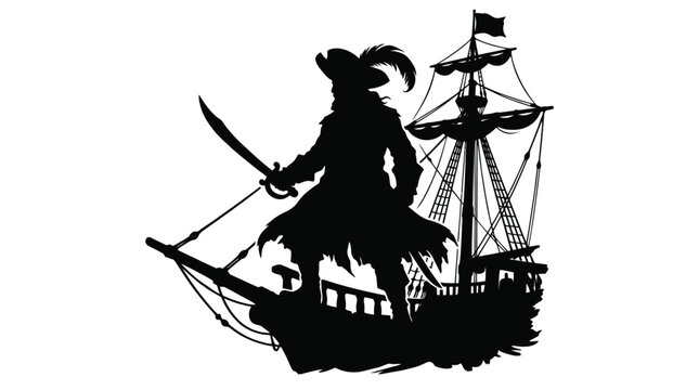 Bold black silhouette vector illustration of a fearsome pirate captain standing heroically on the bow of a large wooden sailing ship while holding a sharp sword for a maritime adventure.