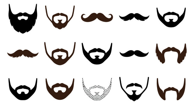 Set of beard and mustache silhouette icons on white background