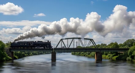 Fototapeta premium Vintage steam train crossing metal truss bridge over river landscape