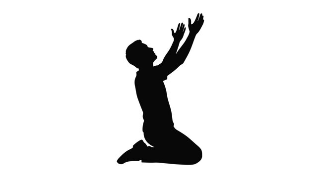 Black silhouette vector illustration of a man kneeling in a humble position with his arms raised upward toward the sky to express deep spiritual devotion or intense emotional gratitude today.