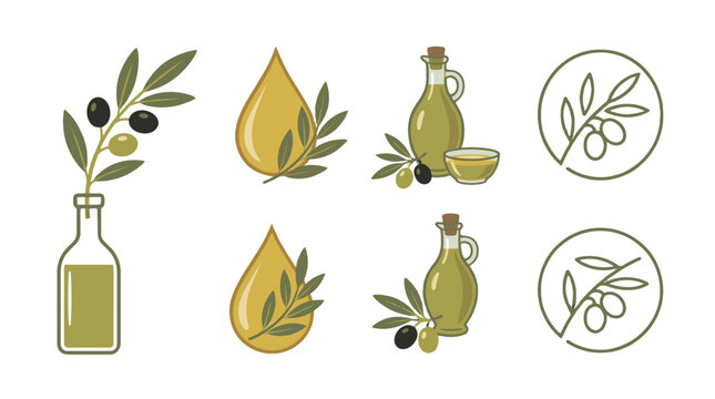 Olive oil vector icon set with bottle, drop and olive branches