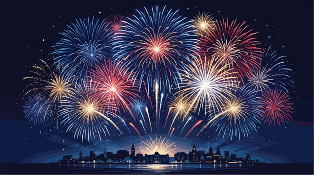 Vibrant colorful fireworks display exploding over a dark city skyline during a festive night celebration under the bright starry sky