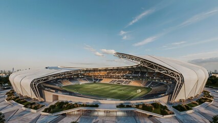 Fototapeta premium Modern architectural stadium with open roof and surrounding landscape during daytime