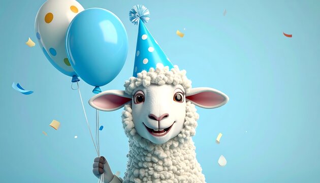 A cheerful sheep in a blue party hat holds two colorful balloons