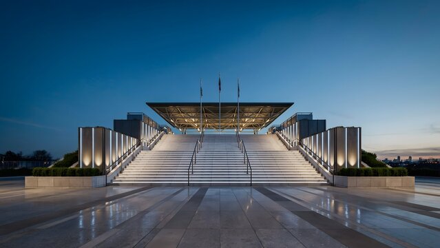 Modern outdoor amphitheater with staircase and architectural design at sunset