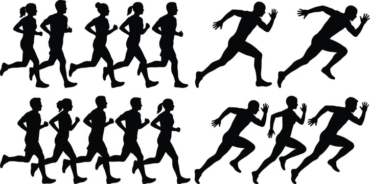 Running Athlete Silhouette Collection Featuring Joggers and Sprinters for Fitness, Sports and Active Lifestyle Design