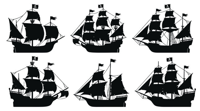 Set of black pirate ship silhouettes with sails and flags