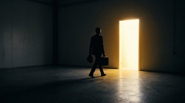 Silhouette of a businessman with a briefcase walking towards a bright open door in a dark room.