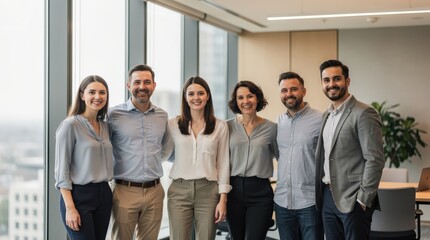 Fototapeta premium A diverse group of six professionals smiling and standing together in a modern office with large windows and a city view.