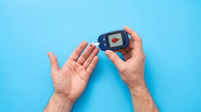 A person checking their blood sugar level with a glucose meter. The image conveys a sense of health monitoring and personal well-being