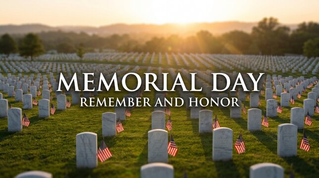 Memorial Day remembrance with rows of gravestones and American flags at sunrise