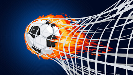 Football soccer ball goal net fire flame speed dynamic energy football with fiery flames enters goal net at high speed symbolizing energy excitement and dynamic action in soccer match © Sudarat