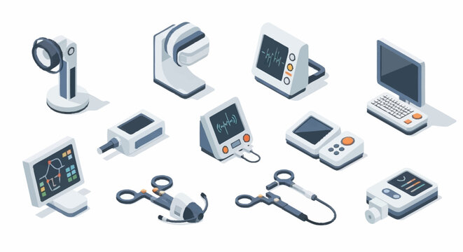 Collection of isometric medical equipment and devices for healthcare and science.