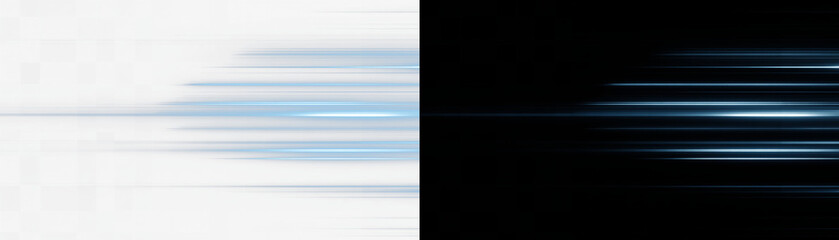 Abstract blue neon light lines on white and black background, horizontal glowing laser streaks speed motion blur overlay © Maxim