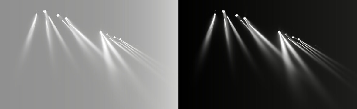 Abstract realistic stage spotlights on grey and black background, horizontal top scene light beams volumetric runway overlay