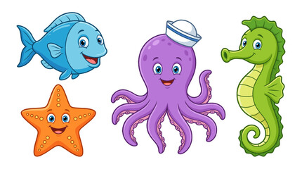 Cute cartoon sea animals set with fish octopus seahorse and starfish © icon_art