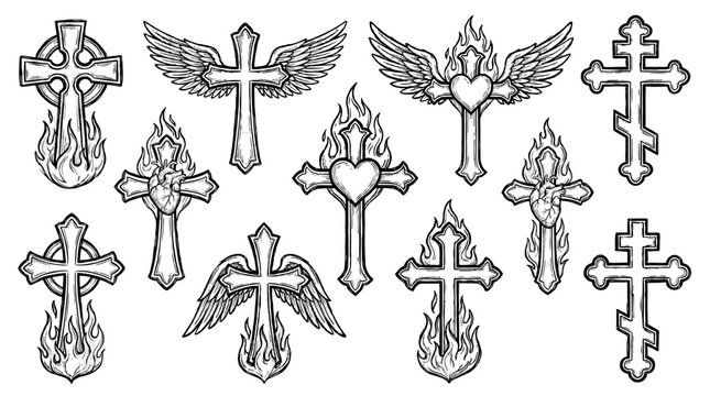 Set of hand drawn cross symbols with wings, flames and hearts