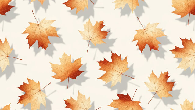 Seamless pattern of orange and yellow maple leaves with soft drop shadows on a cream background autumn