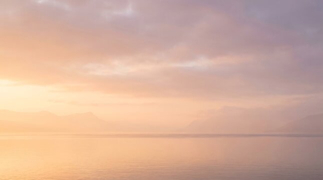 Serene sunset over calm lake with mountain silhouette